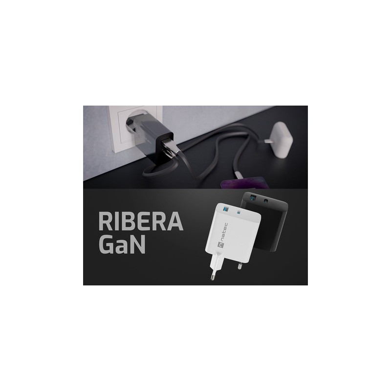 Polnilec Natec RIBERA GaN, 45W, 1x USB-A, 1x USB-C, PD 3.0, QC 3.0, črn