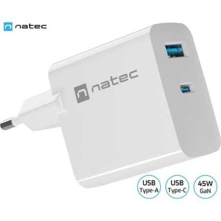 Polnilec Natec RIBERA GaN, 45W, 1x USB-A, 1x USB-C, PD 3.0, QC 3.0, bel