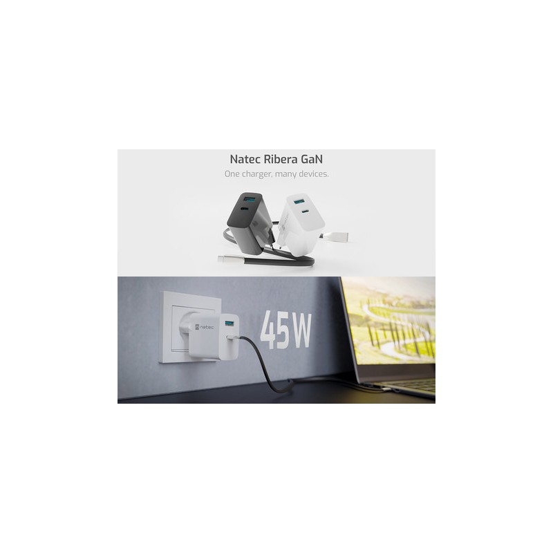 Polnilec Natec RIBERA GaN, 45W, 1x USB-A, 1x USB-C, PD 3.0, QC 3.0, bel