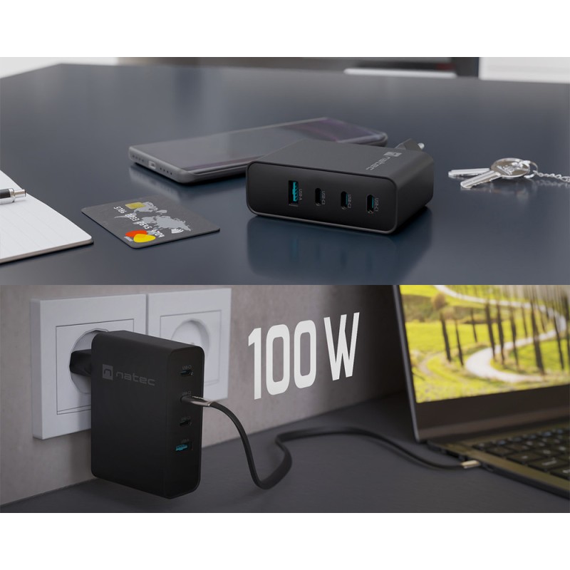 Polnilec Natec RIBERA GaN, 100W, 1x USB-A, 3x USB-C, PD 3.0, QC 3.0, črn