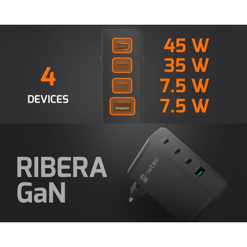 Polnilec Natec RIBERA GaN, 100W, 1x USB-A, 3x USB-C, PD 3.0, QC 3.0, črn