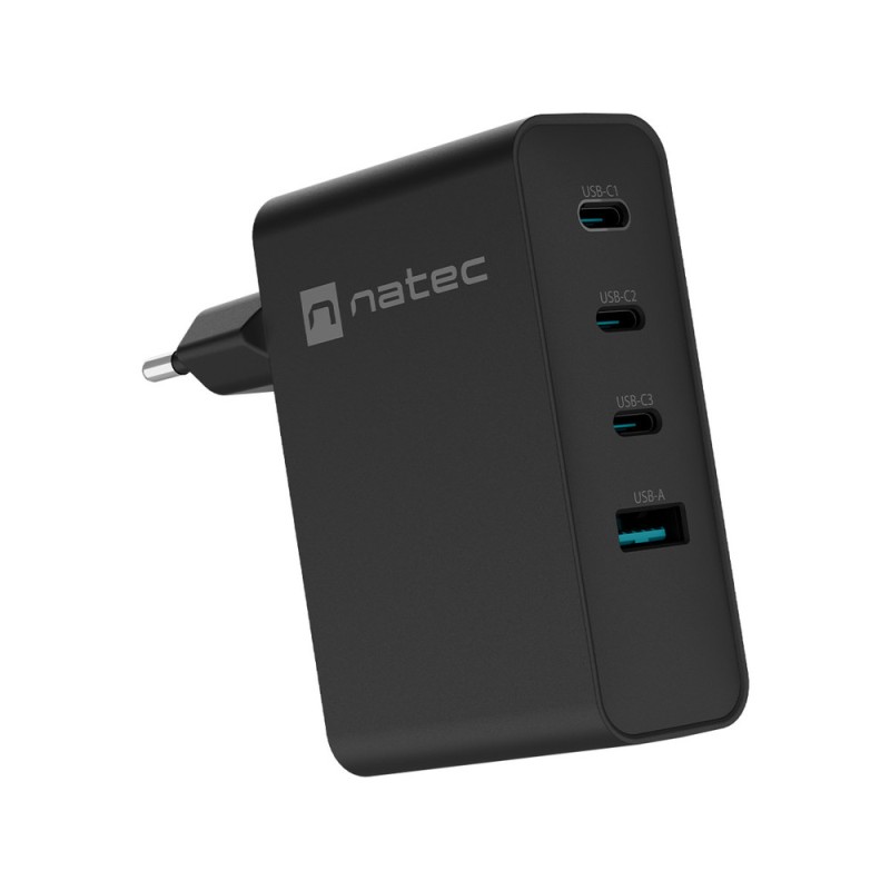 Polnilec Natec RIBERA GaN, 100W, 1x USB-A, 3x USB-C, PD 3.0, QC 3.0, črn