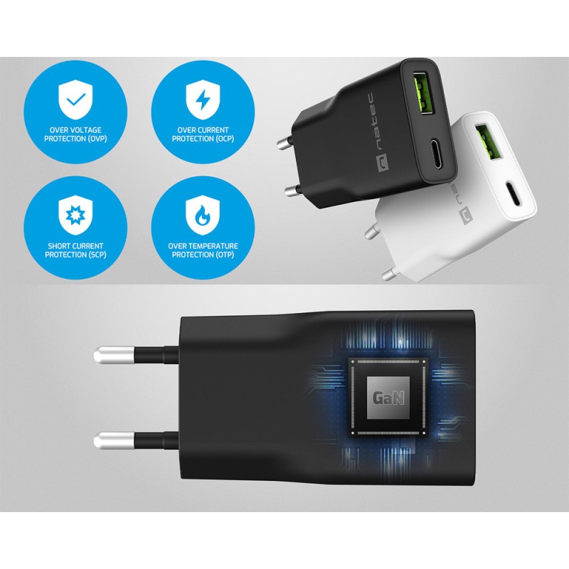 Polnilec Natec RIBERA GaN SLIM, 20W, 1x USB-A, 1x USB-C, PD 3.0, QC 3.0, črn