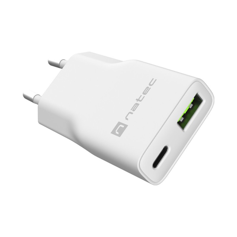 Polnilec Natec RIBERA GaN SLIM, 20W, 1x USB-A, 1x USB-C, PD 3.0, QC 3.0, bel