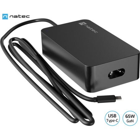 Polnilec Natec GRAYLING GaN 65W, USB-C, PD 3.0, črn