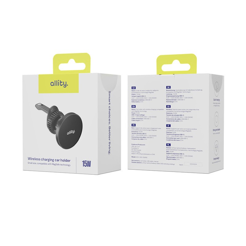 Avtomobilski brezžični polnilec ALLITY ACH-300, 15W, MagSafe, USB-C, črn