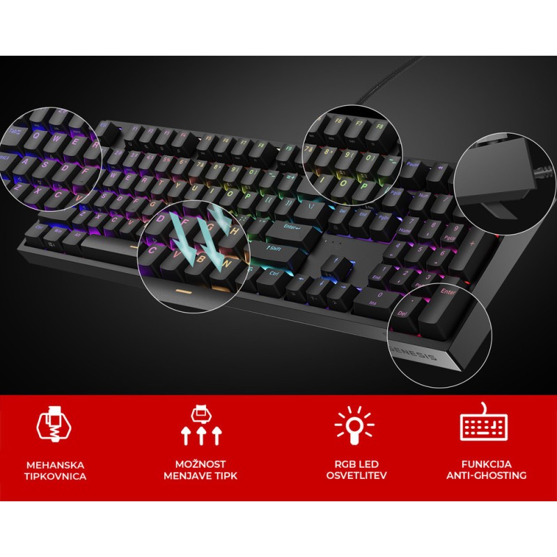 Tipkovnica Genesis Thor 404, RGB, Outemu Peach Silent V3, črna
