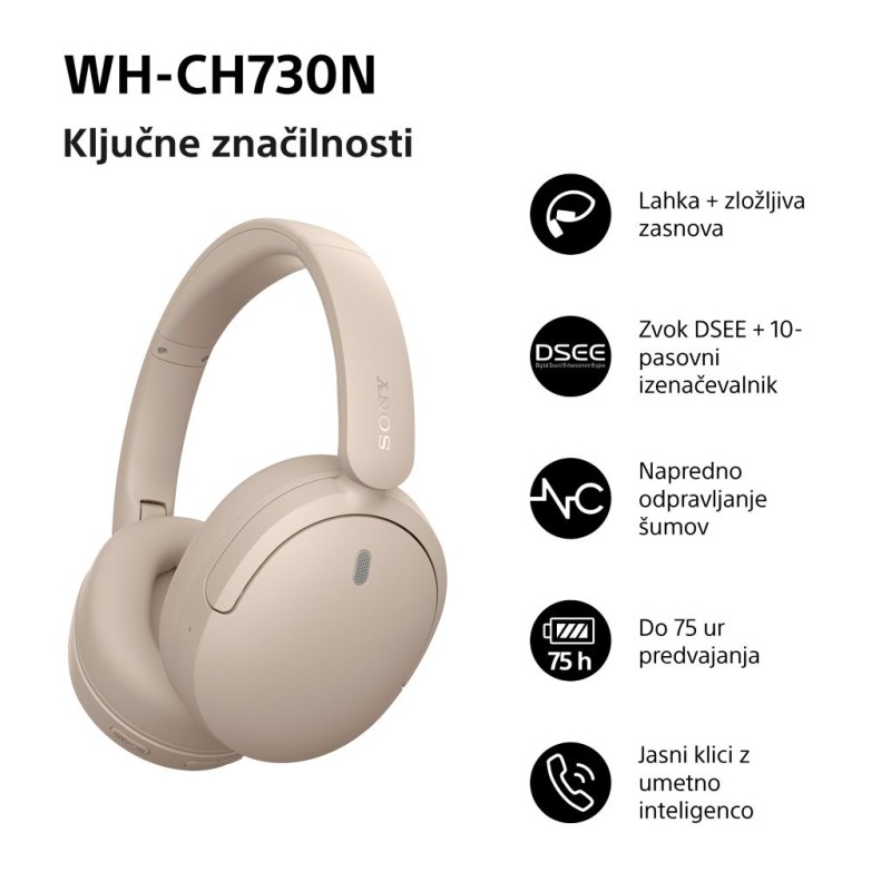Slušalke Sony WH-CH730N, bež