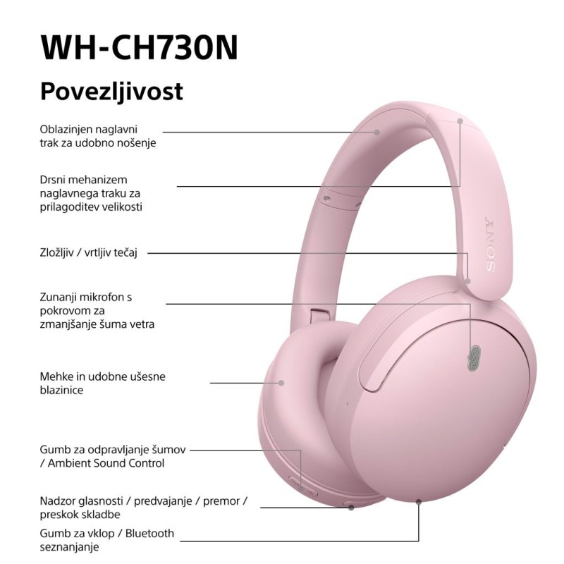 Slušalke Sony WH-CH730N, roza