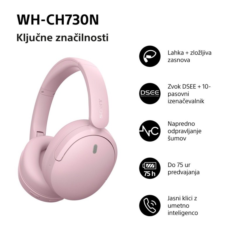 Slušalke Sony WH-CH730N, roza