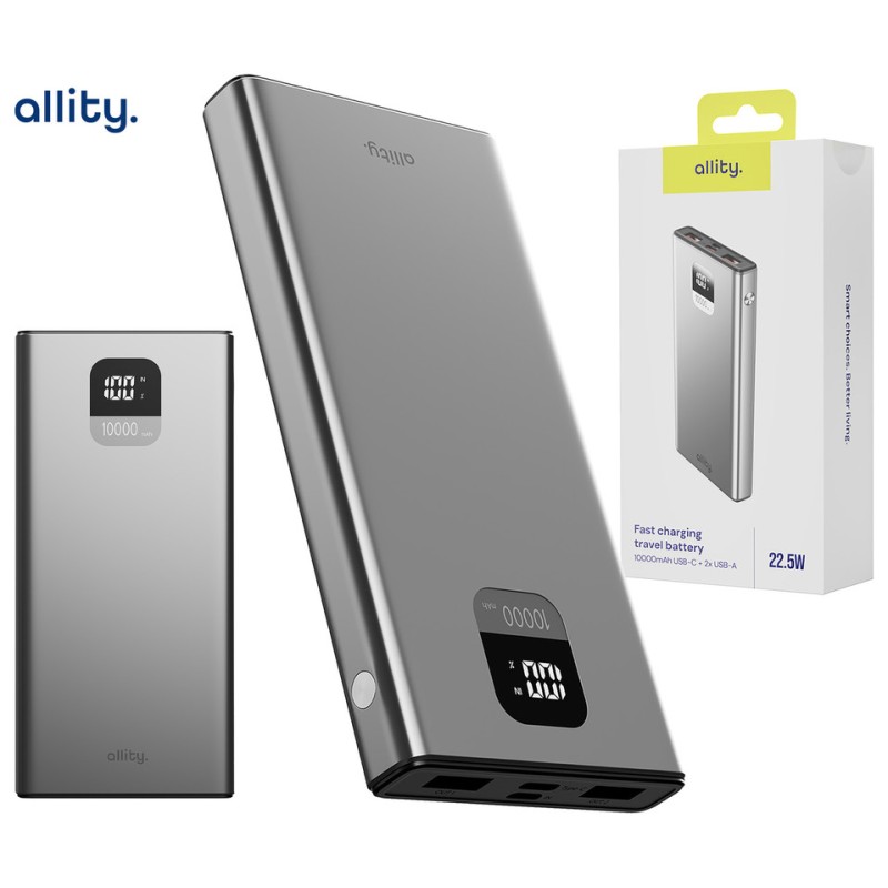 Prenosna baterija Powerbank Allity APB-100, 10.000mAh, PD, QC, siva