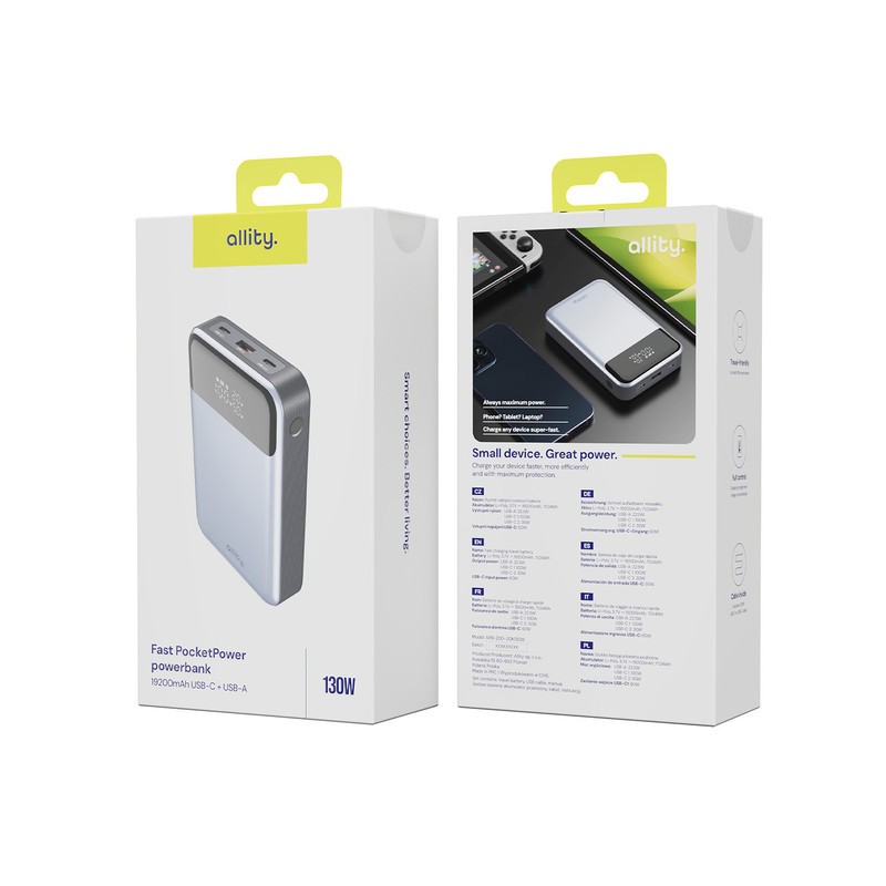 Prenosna baterija Powerbank Allity APB-200, 19.200mAh, PD, QC, siva