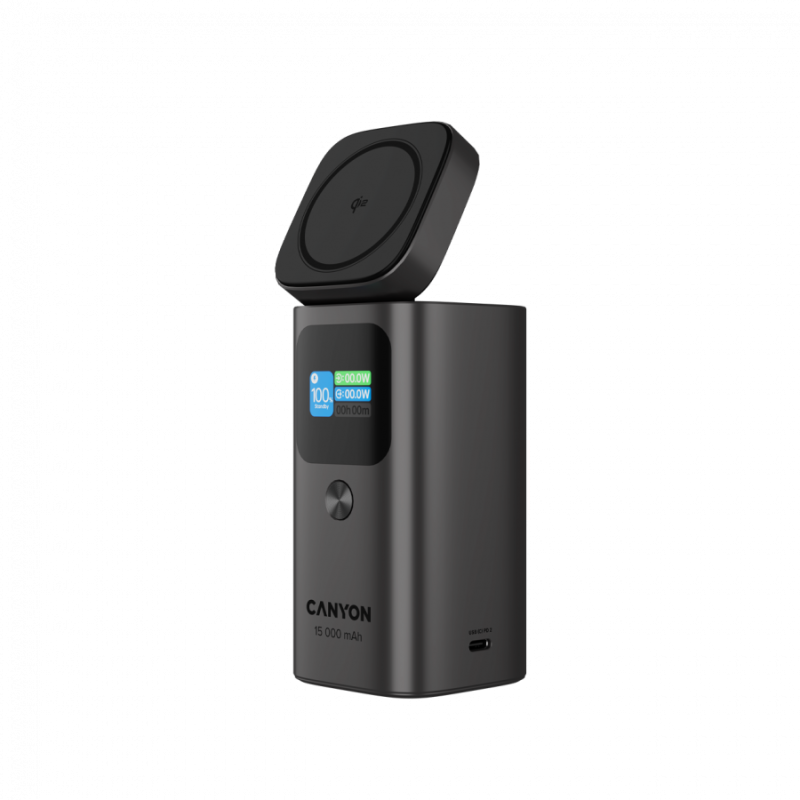 Prenosna baterija Powerbank Canyon Qi2 OnPower 150, 15000mAh, siva