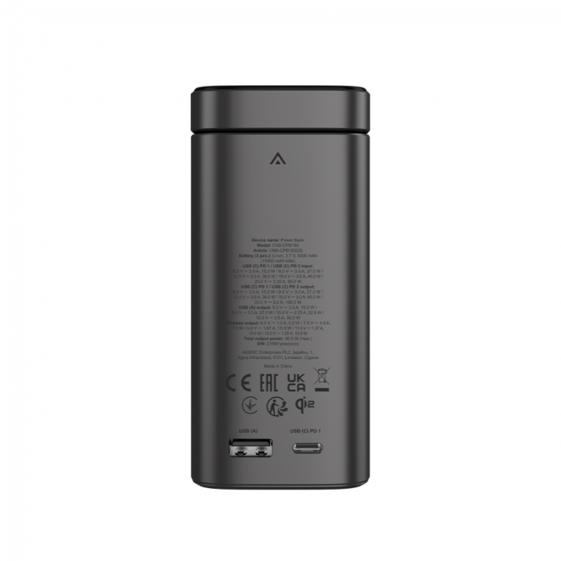 Prenosna baterija Powerbank Canyon Qi2 OnPower 150, 15000mAh, siva