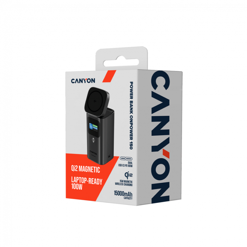 Prenosna baterija Powerbank Canyon Qi2 OnPower 150, 15000mAh, siva