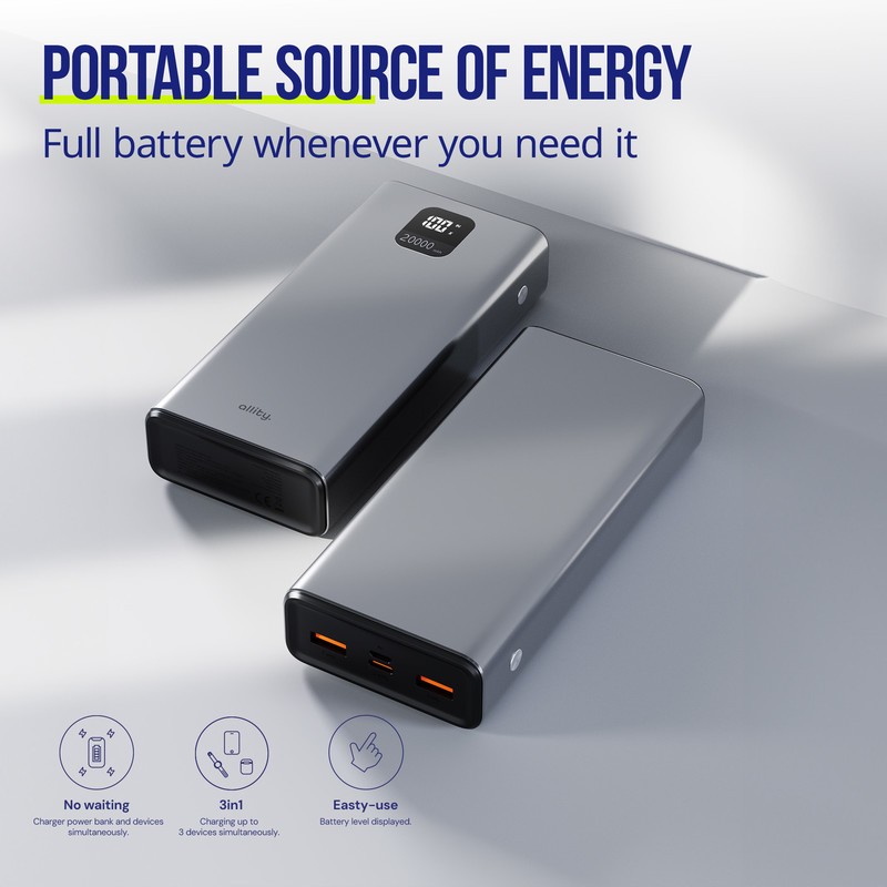 Prenosna baterija Powerbank Allity APB-100, 20.000mAh, PD, QC, siva
