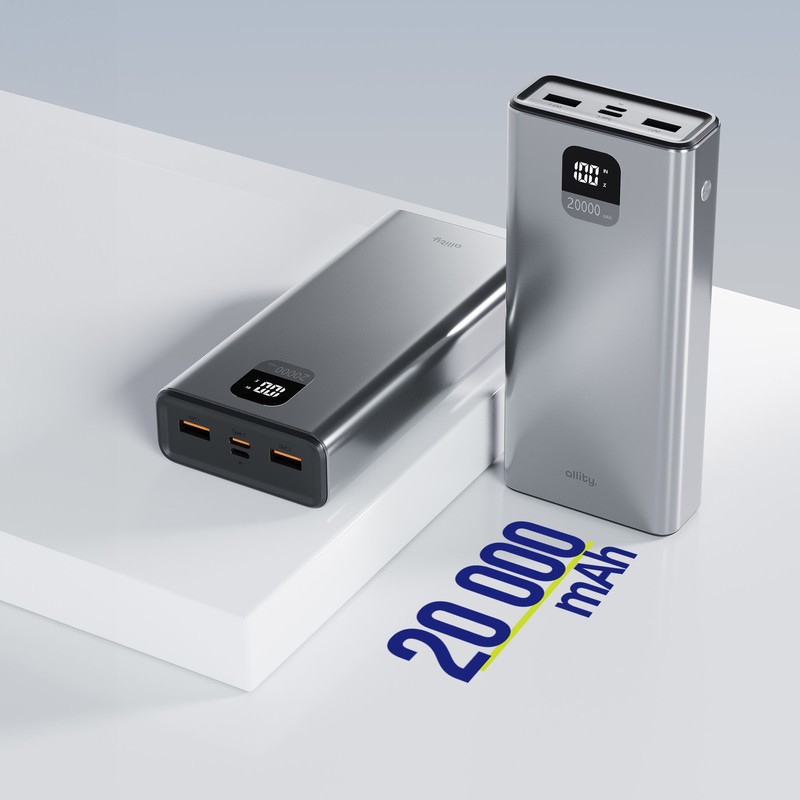 Prenosna baterija Powerbank Allity APB-100, 20.000mAh, PD, QC, siva