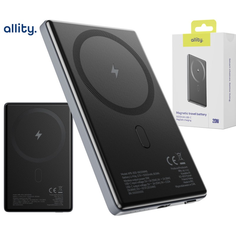 Prenosna baterija Powerbank Allity APB-300, 5.000mAh, MagSafe, PD, QC, siva