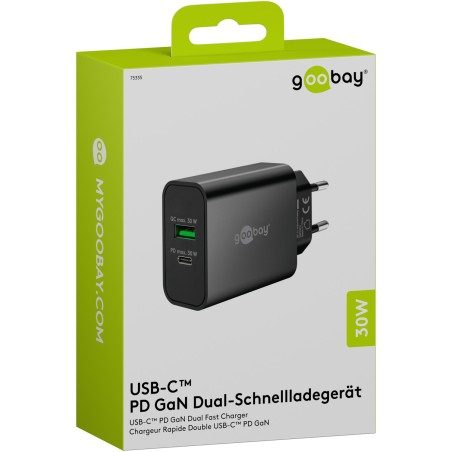 Polnilec Goobay 30W GaN Dual 1x USB-C PD, 1x USB-A QC, črn