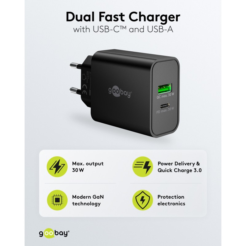 Polnilec Goobay 30W GaN Dual 1x USB-C PD, 1x USB-A QC, črn