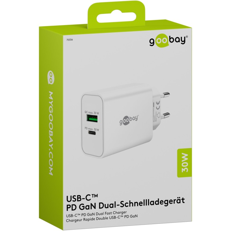 Polnilec Goobay 30W GaN Dual 1x USB-C PD, 1x USB-A QC, bel