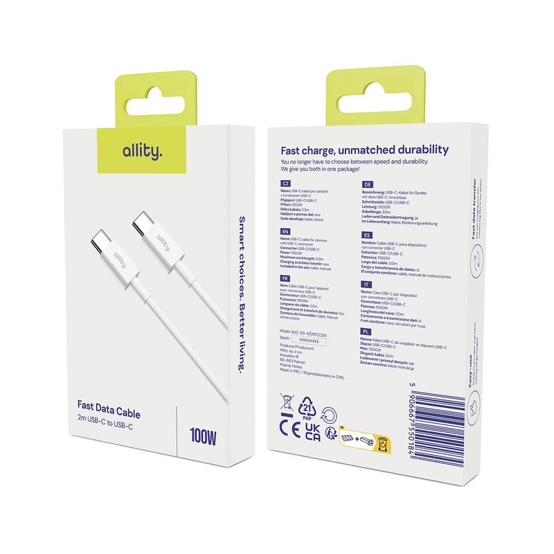 Kabel ALLITY AUC-03 USB-C na USB-C, 100W, TPU/TPE, 2m, bel