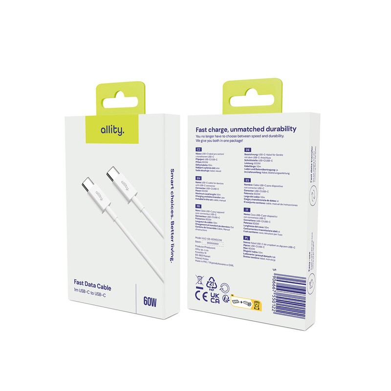 Kabel ALLITY AUC-03 USB-C na USB-C, 60W, TPU/TPE, 1m, bel