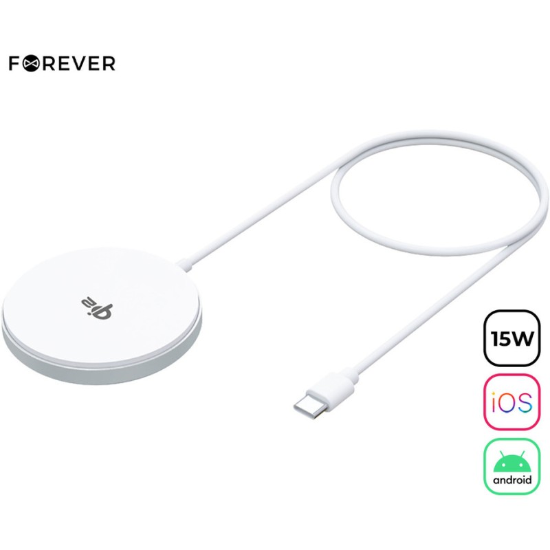 Brezžični polnilec FOREVER MAWC-300, MagSafe, 15W, USB-C, kabel 1m, bel