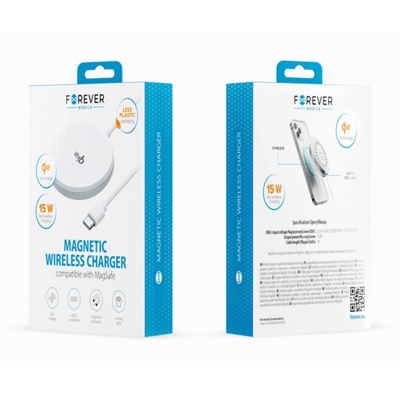 Brezžični polnilec FOREVER MAWC-300, MagSafe, 15W, USB-C, kabel 1m, bel