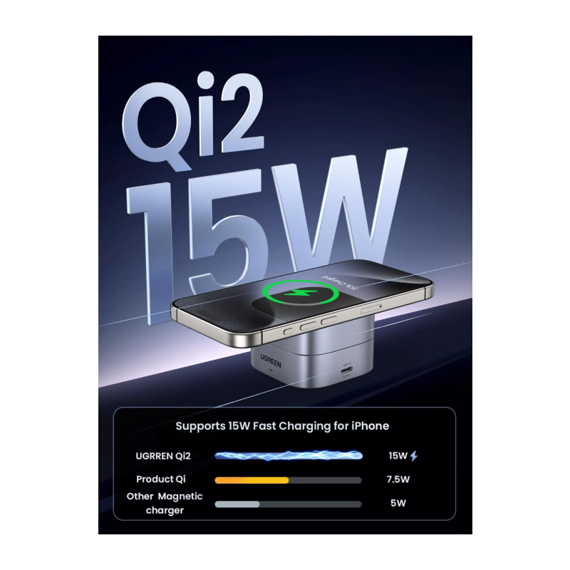 Brezžični polnilec Ugreen 2-v-1, magnetni, Qi2, 15 W
