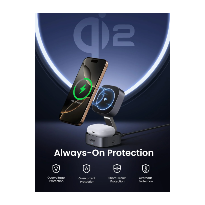 Brezžični polnilec Ugreen 2-v-1, magnetni, Qi2, 15 W