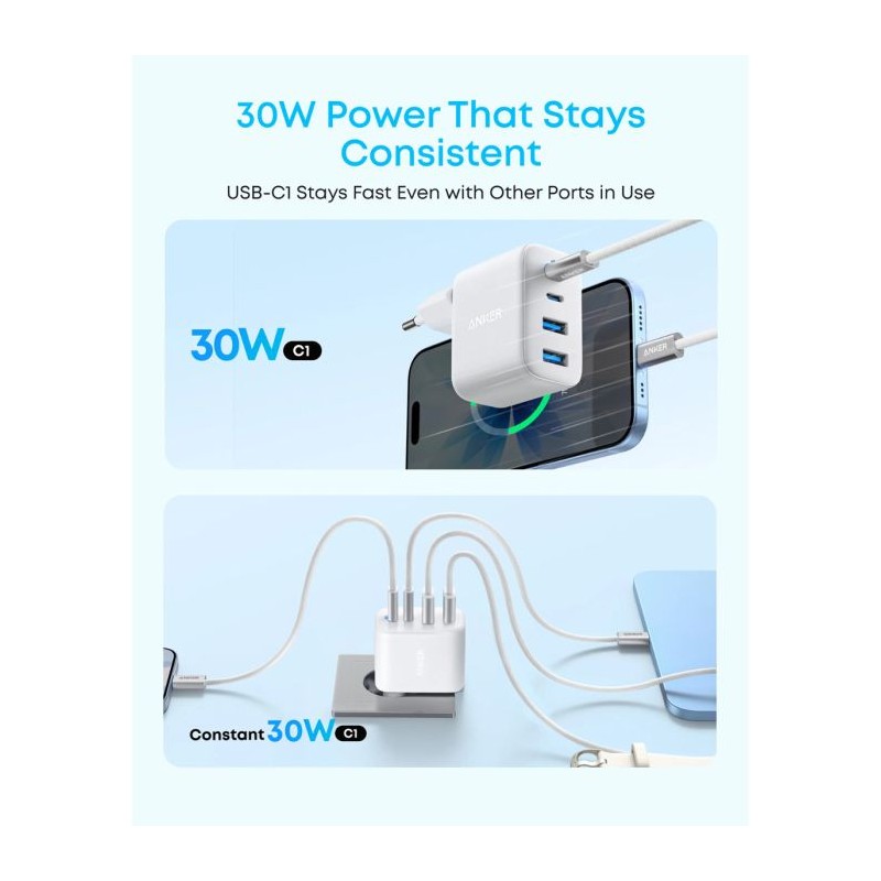 Polnilec Anker Zolo, 4-port, 50W, bel