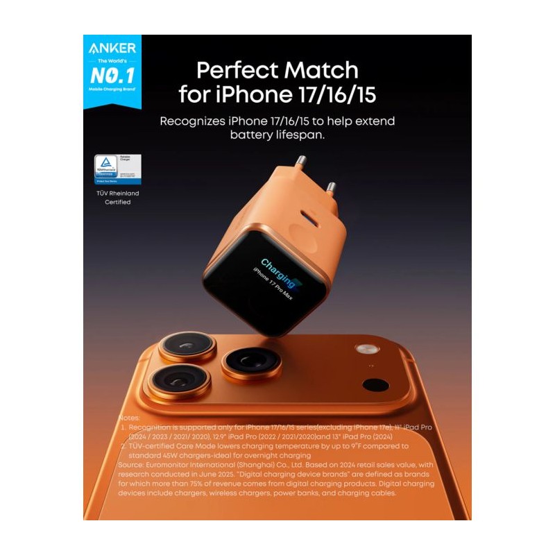Polnilec Anker Nano, 45W, Smart Display, moder