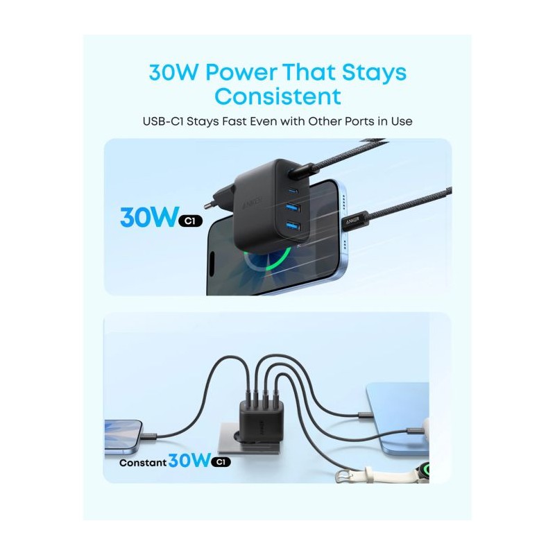 Polnilec Anker Zolo, 4-port, 50W, črn