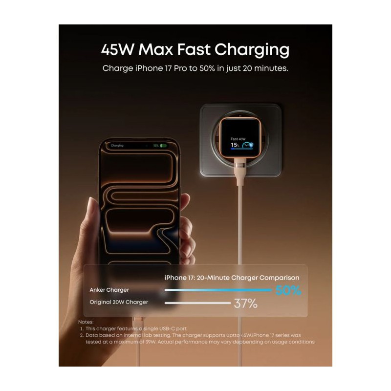 Polnilec Anker Nano, 45W, Smart Display, črn